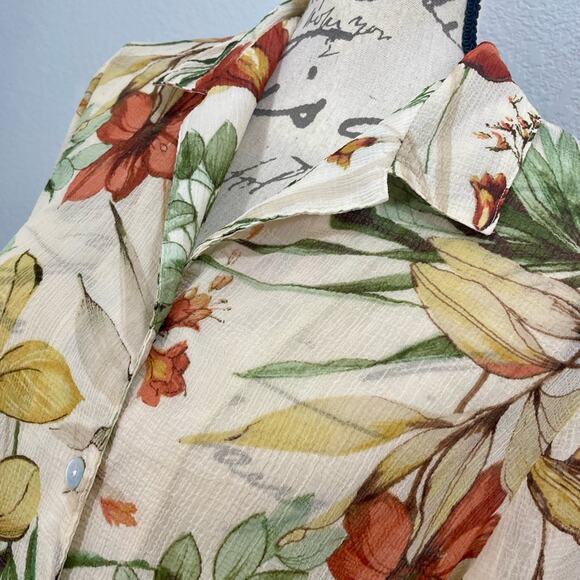 Vintage 90s Alfred Dunner Button Up Blouse Floral Sheer Cardigan Ruffle sleeve - Picture 7 of 9